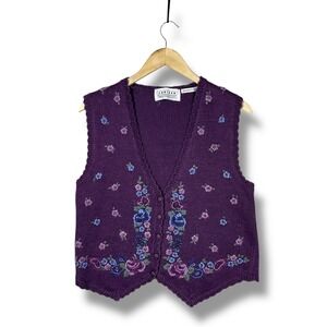 Vintage Jantzen Classics Embroidered Knit Sweater Vest Womens M Purple Grandma